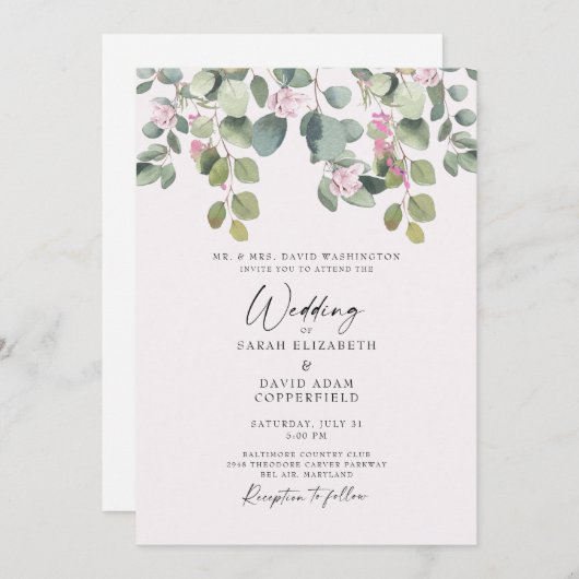 Dreamweaver Eucalyptus & Roze Rose Wedding Invitat Kaart (Voorkant / Achterkant)