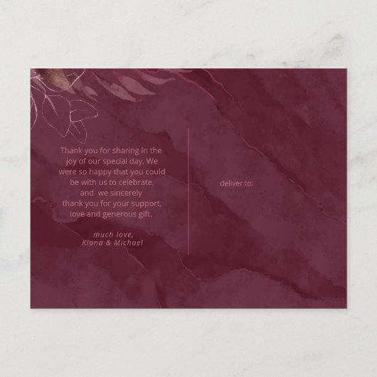 Dreamweaver Foliage Wedding Bedankt Burgundy ID817 Aankondigingskaart (Achterkant)