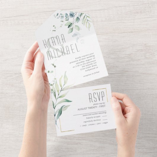 Dreamweaver Foliage Wedding Green ID817 All In One Uitnodiging (Afscheurbaar)