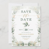 Dreamweaver Greenery Gold Eucalyptus Save the Date Kaart (Voorkant)