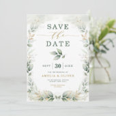 Dreamweaver Greenery Gold Eucalyptus Save the Date Kaart (Staand voorkant)