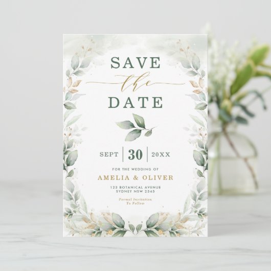 Dreamweaver Greenery Gold Eucalyptus Save the Date Kaart (Staand voorkant)