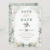 Dreamweaver Greenery Gold Eucalyptus Save the Date Kaart (Voorkant / Achterkant)