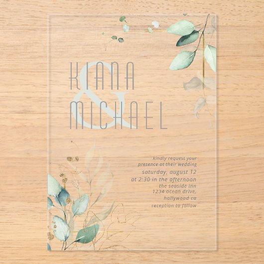 Dreamweaver Greenery Wedding Green/Blue ID817 Acryl Uitnodigingen (Voorkant)