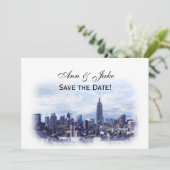 Dreamweaver Navy Blue NYC Skyline Save the Date H Kaart (Staand voorkant)