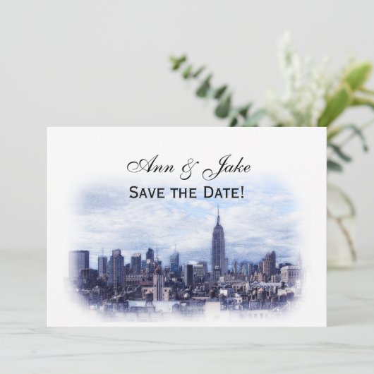 Dreamweaver Navy Blue NYC Skyline Save the Date H Kaart (Staand voorkant)