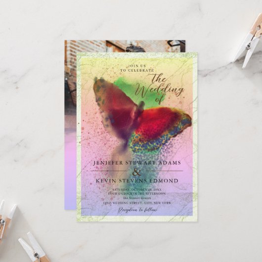 Dreamweaver Ombre Butterfly Foto Overlay Wedding Kaart (Voorkant / Achterkant in situ)