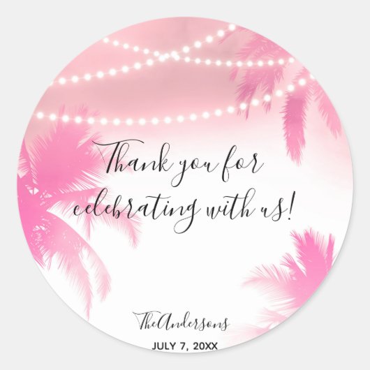 Dreamweaver Pink Palm Trees & String Lights Favor Ronde Sticker (Voorkant)