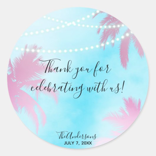 Dreamweaver roze palmbomen en blauwe hemellijnlich ronde sticker (Voorkant)