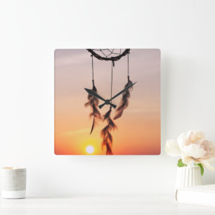 Dreamweaver, Sunset, Yoga, Indian Amulet, Oranje Vierkante Klok