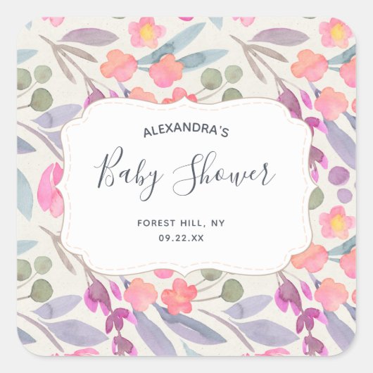Dreamweaver Waterverf Floral | BABY SHOWER Vierkante Sticker (Voorkant)