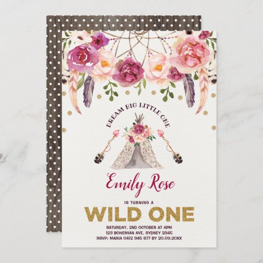 Dreamweaver WILD ONE Boho Floral Birthday Party Kaart (Voorkant / Achterkant)