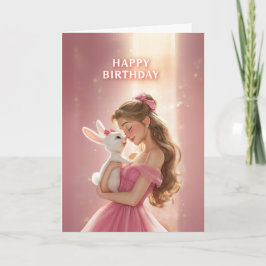 Dreamy Bday Card With Pretty Girl & Cute Bunny Kaart
