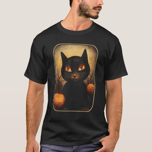 Dreamy Black Cat in Magic Pumpkin Forest T-shirt (Voorkant)