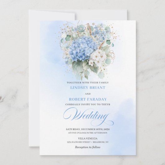 Dreamy Blue Hydrangea Gold Floral Wedding Invite Kaart (Voorkant)