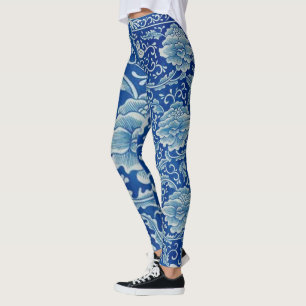 Dreamy Blue Lotus Chinoiserie Leggings