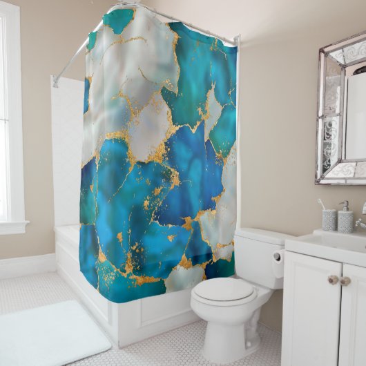 Dreamy Blue, Teal, pearl and Gold Douchegordijn (In situ)