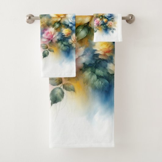 Dreamy Blue, Yellow en Pink Roses Waterverf Bad Handdoek (Insitu)