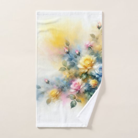 Dreamy Blue, Yellow en Pink Roses Waterverf Bad Handdoek (Handdoek)