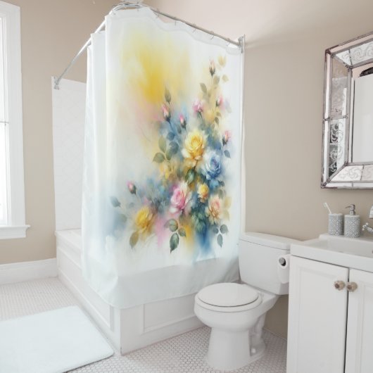 Dreamy Blue, Yellow en Pink Roses Waterverf Douchegordijn (In situ)