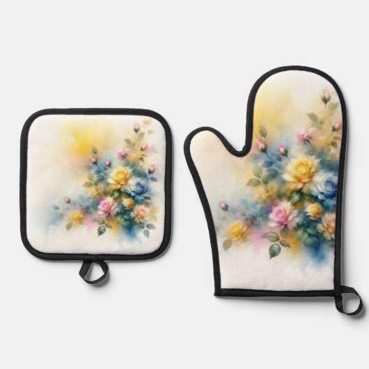 Dreamy Blue, Yellow en Pink Roses Waterverf Ovenwant & Pannenlap Set (Voorkant)