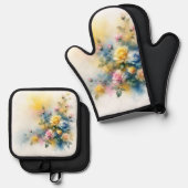 Dreamy Blue, Yellow en Pink Roses Waterverf Ovenwant & Pannenlap Set (Voorkant / Achterkant)