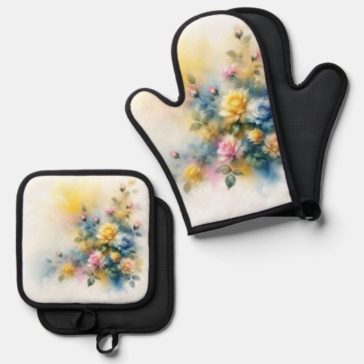 Dreamy Blue, Yellow en Pink Roses Waterverf Ovenwant & Pannenlap Set (Voorkant / Achterkant)