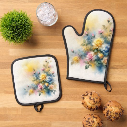 Dreamy Blue, Yellow en Pink Roses Waterverf Ovenwant & Pannenlap Set (Top down)
