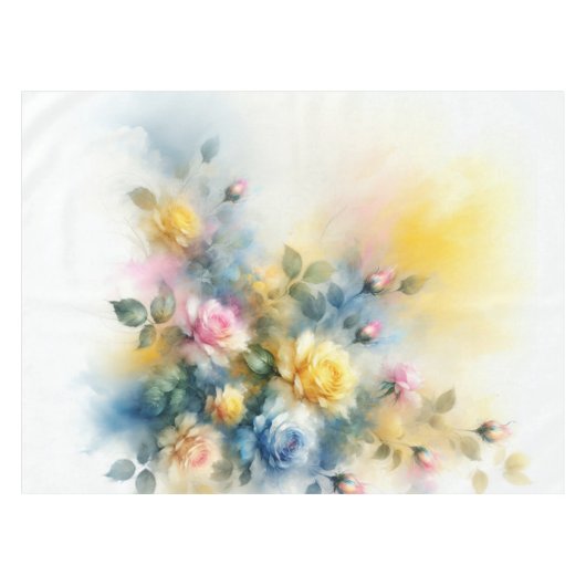 Dreamy Blue, Yellow en Pink Roses Waterverf Tafelkleed (Voorkant (Horizontaal))