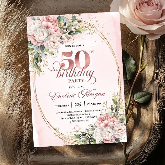 Dreamy Blush Floral 50th Birthday Celebration   Kaart