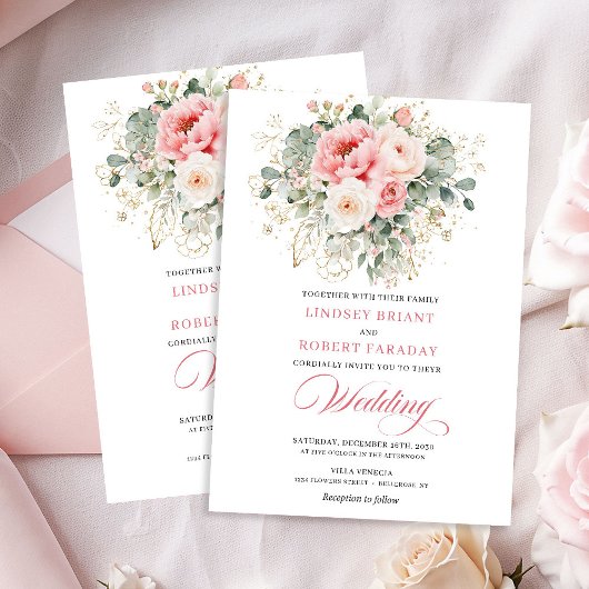 Dreamy Blush Rose Floral Wedding Invitation Kaart