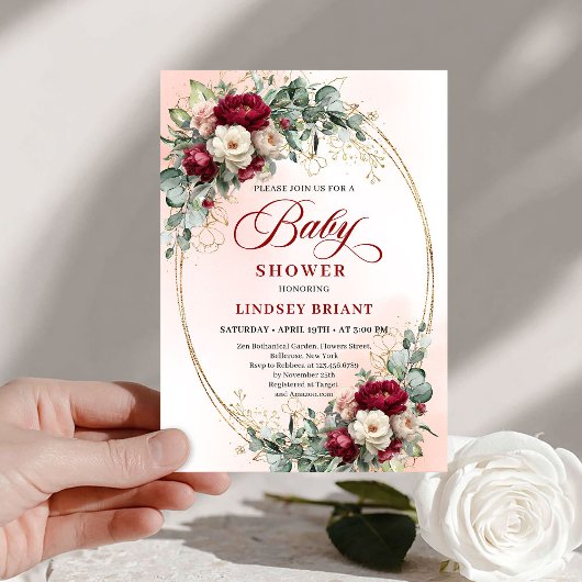 Dreamy Bohemian Deep Red Floral Baby Shower Kaart