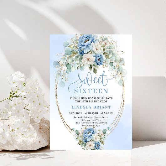 Dreamy Bohemian Dusty Blue Floral Sweet 16 Invite Kaart