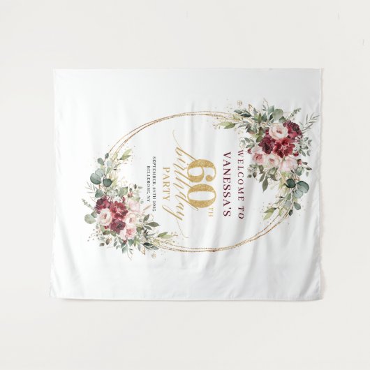 Dreamy Boho Burgundy Floral Gold 60th Birthday  Wandkleed (Voorkant (horizontaal))