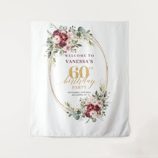 Dreamy Boho Burgundy Floral Gold 60th Birthday  Wandkleed (Voorkant)