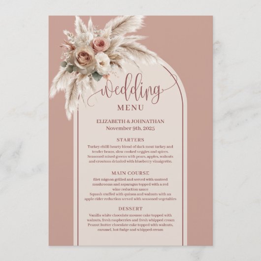 Dreamy Boho Dusty Rose Pampas Floral Wedding Menu (Voorkant)