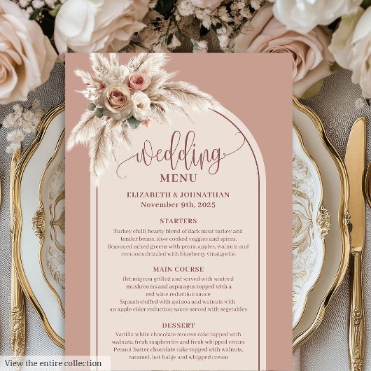 Dreamy Boho Dusty Rose Pampas Floral Wedding Menu