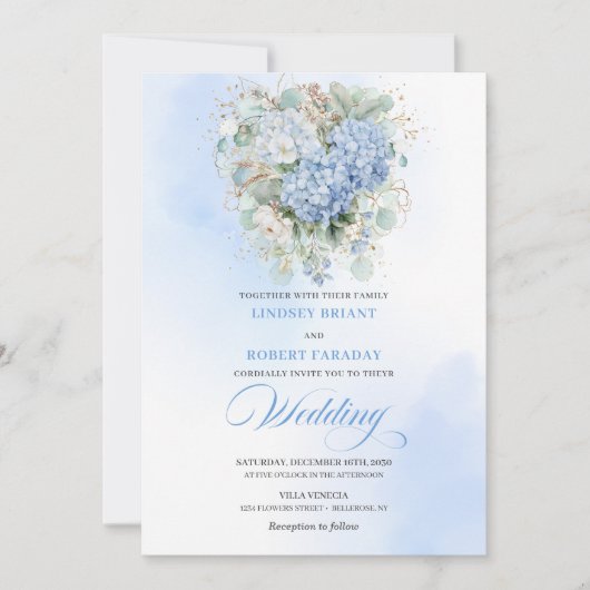 Dreamy Boho Powder Blue Hydrangea Gold Wedding  Kaart (Voorkant)