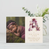 Dreamy Bunny A Initial Burgundy Glitter Newborn Aankondiging (Staand voorkant)