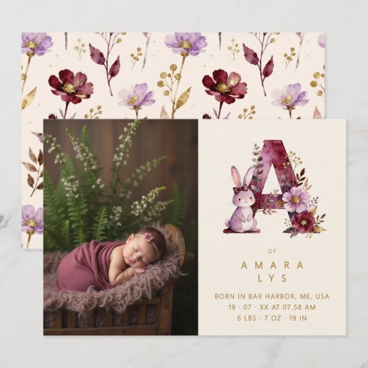 Dreamy Bunny A Initial Gold Glitter Newborn Aankondiging (Voorkant / Achterkant)