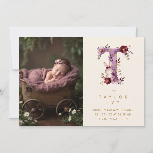 Dreamy Bunny T Initial Gold Glitter Newborn Aankondiging (Voorkant)