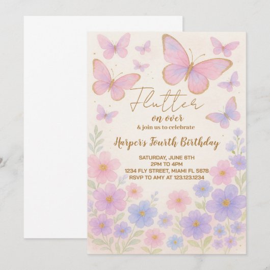 Dreamy Butterfly Verjaardag Uitnodiging (Voorkant / Achterkant)