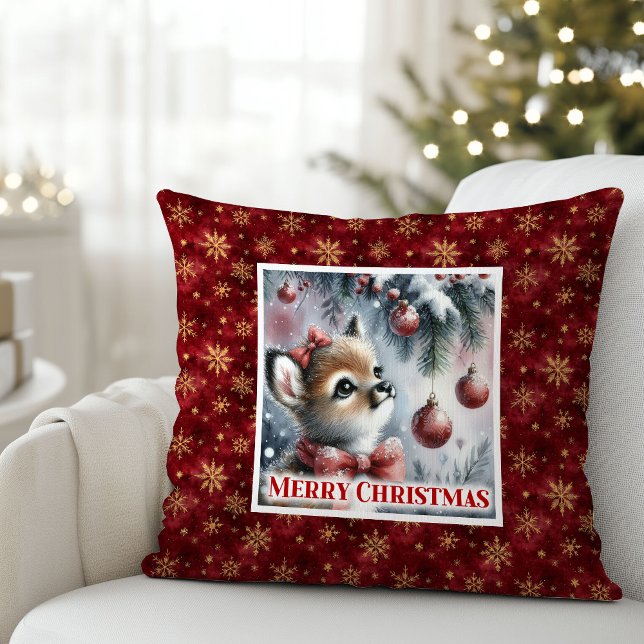 Dreamy Christmas scene baby fawn cozy winter kids  Kussen (Dreamy Christmas scene baby fawn cozy winter kids decor)