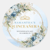 Dreamy Dusty Blue Gold Greenery Quinceañera Favor  Ronde Sticker (Voorkant)