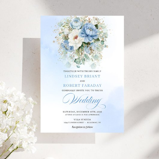 Dreamy Dusty Blue Peony Gold Floral Wedding Kaart