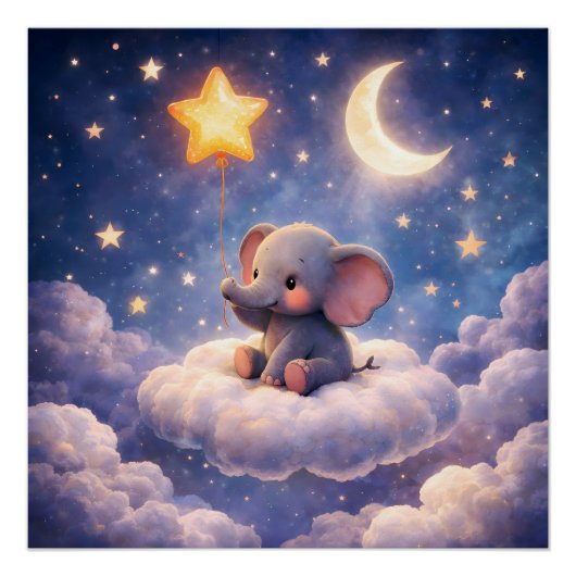 Dreamy elephant and midnight stars square semi Gla Perfect Poster (Voorkant)
