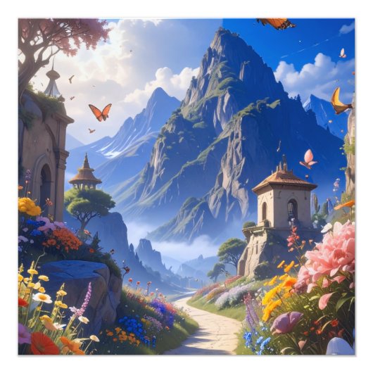 Dreamy Fantasy Landscape Tapestry – Mountains & Bl Foto Afdruk (Voorkant)