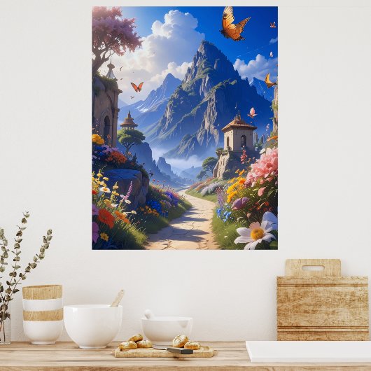 Dreamy Fantasy Landscape Tapestry – Mountains & Bl Poster (Keuken)