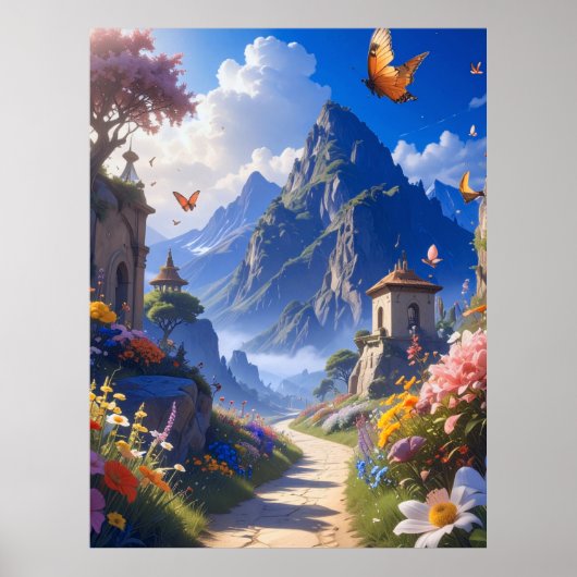 Dreamy Fantasy Landscape Tapestry – Mountains & Bl Poster (Voorkant)