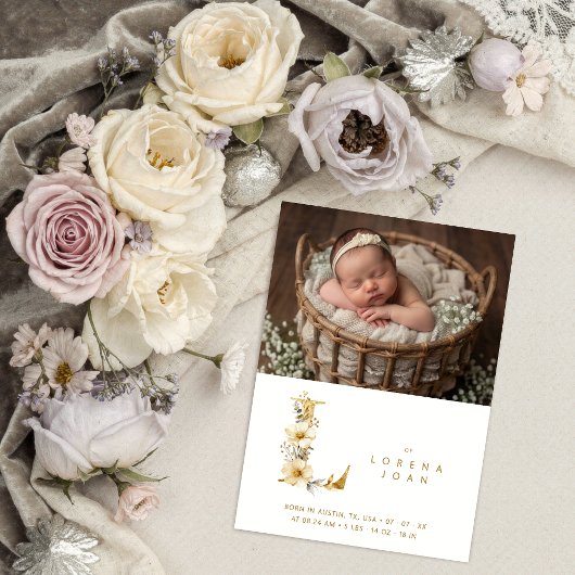 Dreamy Floral E Initial Gold Glitter Newborn Aankondiging